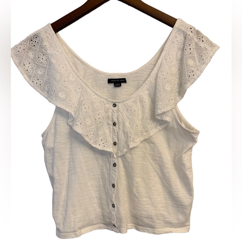 American Eagle Outfitters White Cotton Eyelet Ruffle Off Shoulder Button Top L